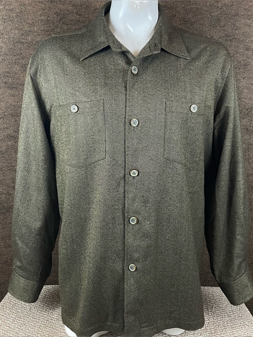 Tommy Bahama Shirt Jacket Blazer Men’s XL Wool Herringbone Olive Green & Leather